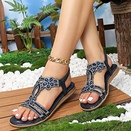 Women Rhinestone Sandals for Women,Sparkly Bling Flat Sandals with Elastic Ankle Strap,Bling Sandals for Women 2025,Crystal Bohemian Beach Sandals,Open-Toe Low Heeled Sandals4