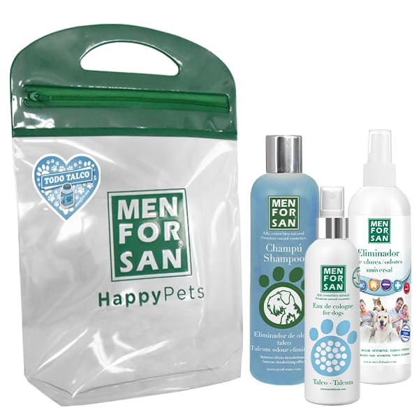 MENFORSAN Pack Higiene y Belleza, Champú Eliminador de olores 300ml, Colonia para Perros 125ml, para el hogar y Entorno de Mascotas 250ml, Rico Aroma a Talco