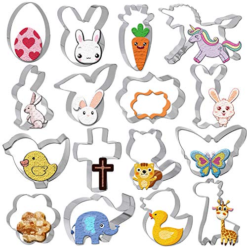 Cortador de Galletas Pascua, Gyvazla 16 Piezas Acero Inoxidable Cookie Cutters Molde, Huevo, Zanahoria, Conejo, flor, unicornio, jirafa Pascua Decoracion