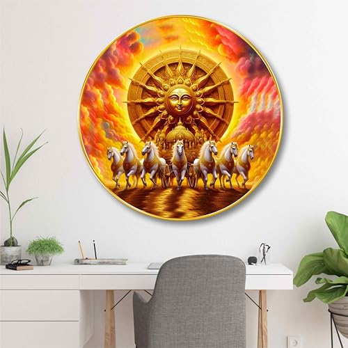 Image of SAF Surya Dev Round Wall Art | 3D Embossed MDF Panel with Golden Rim | Divine Sun God with Seven Horses | Luxurious Religious Art Frame for Wall Decoration (23 x 23 Inch) GR-307