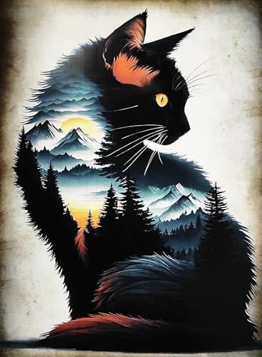KUSTOM ART Poster mural décoratif série animaux chat dessiné avec forêt impression artistique sur papier couché 40 x 30 cm sans cadre