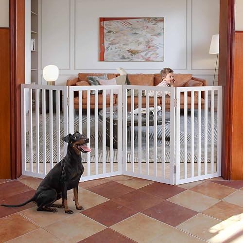 Image of Belief Foldable Wooden Pet Gate for Dogs & Cats - Indoor Safety Barrier for Doorways, Hallways & Stairs | Free-Standing, Portable White Dog Fence - 3 Panel, 60 cm Height (【4 Panels 】 78''W x 30''H)