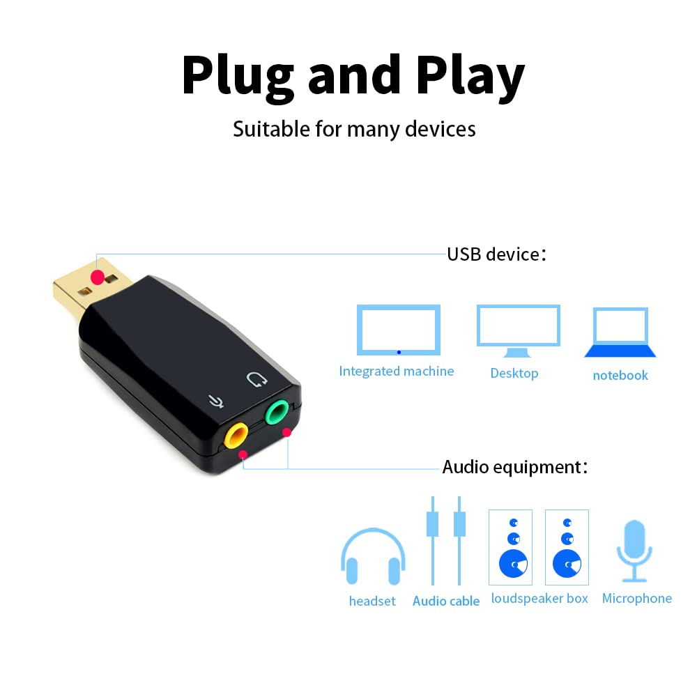USB 3,5 mm Stereo Jack Audio Adapter, USB to AUX Cable, Computer Peripheral Devices Built-in Chip for Windows Mac Linux PC Laptops Desktops PS4 PS5 Black Headphones