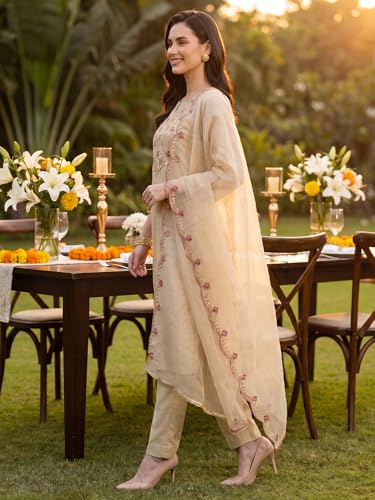 Image of INDO ERA Women's Silk Blend Paisley Embroidered Zari Work Kurta & Pant with Dupatta Set (IEBBAI389)