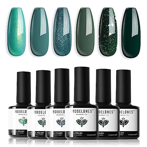 Modelones Esmaltes Semipermanentes para Uñas en Gel, Verde Oscuro Verde Claro Glitter 6 Colores Kit Pintauñas Semipermanentes Uñas de Gel UV LED en Gel Nail Polish Esmalte Uñas para Manicura Valentín