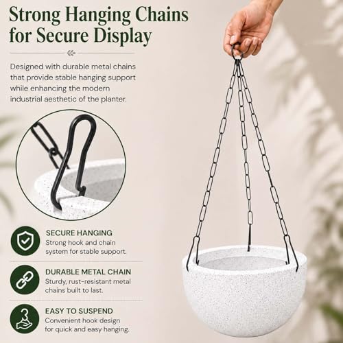 Image of Go Hooked Henri Hanging Planter Pot for Indoor & Outdoor Plants Pack of 5 | 7 Inch Plastic Hanging Pots with Metal Chain | Decorative Round Hanging Planter for Balcony, Garden & Home Decor (Marble)