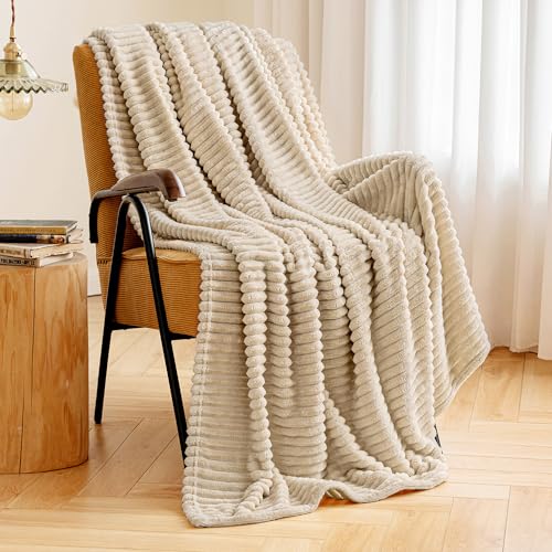 Image of MIULEE Fleece Throw Blanket with Stripe Pattern Fuzzy Flannel Beige Blanket for Couch Plush Warm Cozy Bed Blanket Boho Decor for Bed Sofa Chair Throw Size 50"x60"