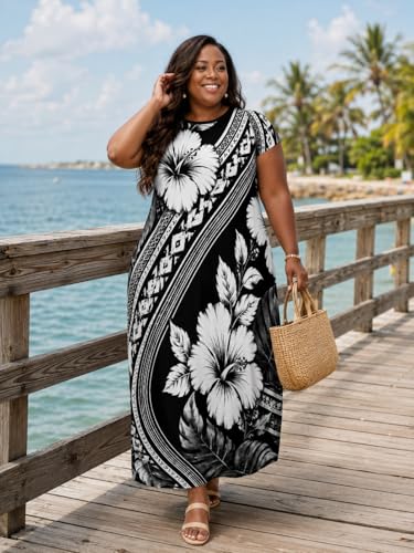 Image of Plus Size Maxi Dress for Women Short Sleeve V Neck Casual Loose Sundress with Pockets