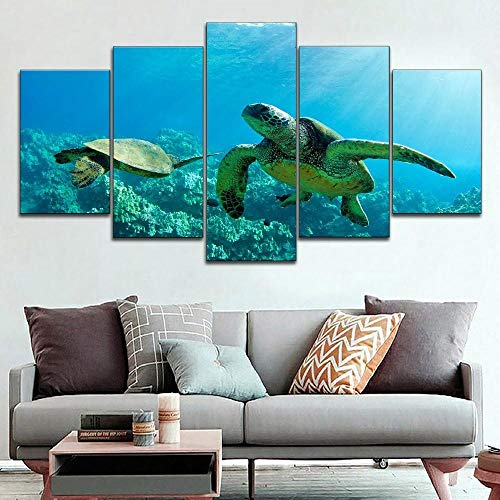 Cuadro de pared multipanel, 5 piezas, impresión sobre lienzo, imágenes de tortugas marinas al sol, impresión artística para decoración moderna del hogar, papel pintado de 150 x 80 cm (completamente