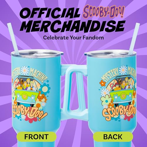 Image of Silver Buffalo Scooby Doo Mystery Machine Featuring Shaggy, Velma, Fred and Daphne Double Walled Stainless Steel Tumbler with Handle and Straw, Fits in Standard Cup Holder, 40 Ounces
