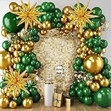 Rubfac Green And Gold Balloon Garland Arch Kit, 140Pcs Graduation Decorations Latex Balloons, Dark Green Gold Confetti Star Balloon For Birthday Wedding New Year Party Decorations