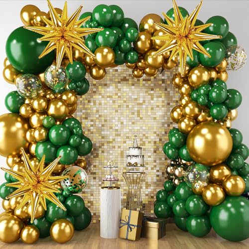 RUBFAC 2026 Graduation Decorations Green and Gold Balloon Garland Arch Kit 140pcs Latex Pary Balloons Dark Green Gold Confetti Star Balloon for Birthday Wedding New Year Party Decorations