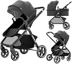 DrBash 2-in-1 Baby Stroller, Convertible Reversible Seat, Compact Fold, All-Terrain Wheels, Large Canopy, Newborn to Toddler Portable Baby Stroller with Storage Basket & Accessories (DARK GREY)