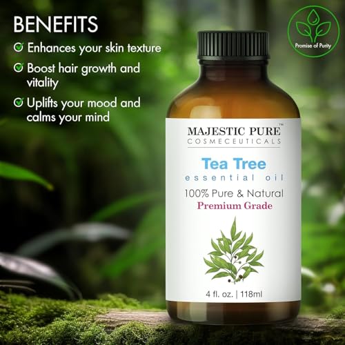 Image of Majestic Pure Tea Tree Essential Oil for Diffuser - 4 Fl Oz | 100% Pure and Natural Tea Tree Oil for Hair, Skin Care, Carrier Oil Blend, Aromatherapy, Soap and Candle Making Scent