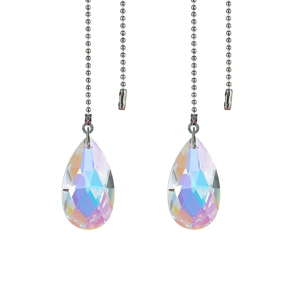 FSSTUD 2 Pcs Rainbow Water Drop Ceiling Fan Pull Chain Glass Crystal Light Pull Chain Pendants Beaded Ball Light Pulls Lamp Pull Cord Extender with Connector