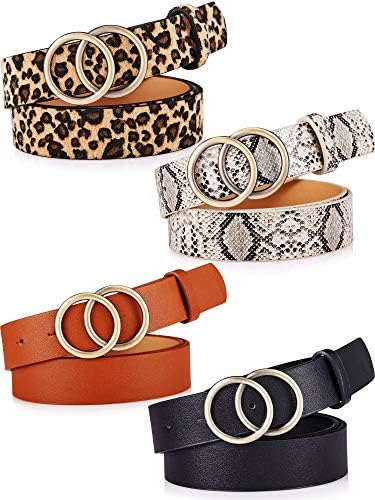 Geyoga 4 Pieces Women Faux Leather Waist Belt for Ladies Jeans Pants with Double O-Ring Buckle (Black, Brown)