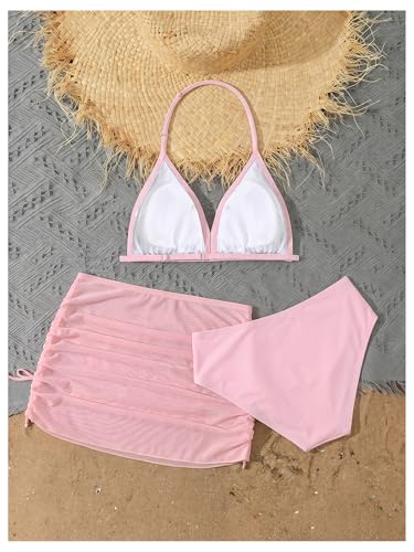 Image of RoseSeek Girl's 3 Piece Cute Bowknot Bathing Suit Halter Triangle High Waisted Swimsuit with Beach Cover Up Skirt