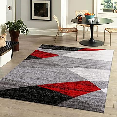 Alfombra Moderna VIMODA con Dibujo Geométrico en Gris, Blanco, Negro y Rojo Cover