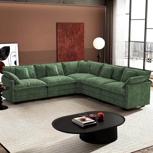 Image of Ihanherry 114 inch V-Shaped Modern Sofa Modular Sectional Cloud Couch with Corner Section, 5-Seat Chenille Deep Seat Sofa with 5 Pillows for Living Room, Bedroom and Apartment, Green