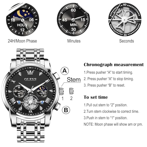 Image of OLEVS Men Watches Stainless Steel Chronograph Watch, Large Wrist Analog Quartz Watch, Fashion Waterproof Diamond Roman Numerals Dress Watches for Men, Gold /Black /White /Blue /Grey Dial