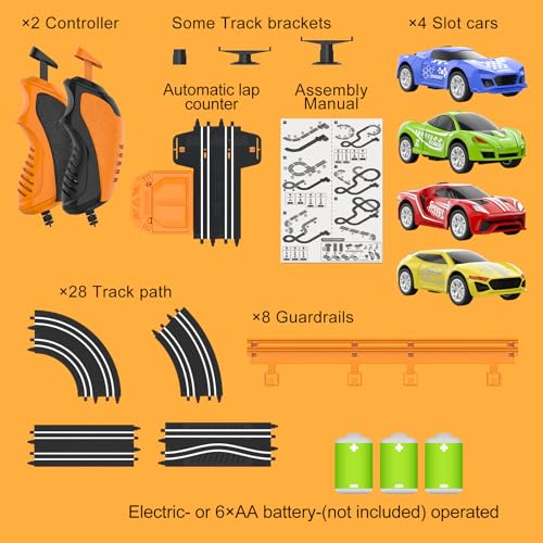 Image of Slot Car Race Track Sets with 4 High-Speed Racing Car, Battery or Electric Race Car Track for Boys and Kids, Dual Racing Game Lap Counter Circular Overpass Track, Gifts Toys for Boys Kids Age 6 7 8-12