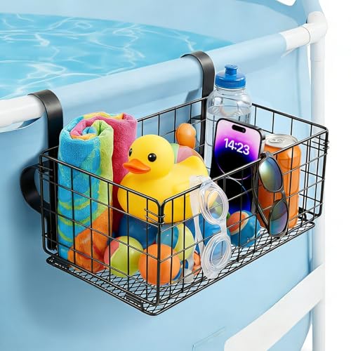 Yiomxhi Pool Aufbewahrungskorb Faltbar Pool Zubehör Organizer Metallkorb für Aufstellpool Schwimmbad Passend für 5 cm weniger obere Schiene Schwarz