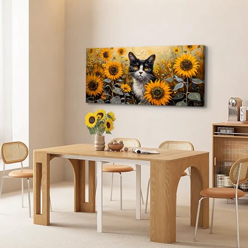 SERIMINO Large Wall Art for Living Room, Sunflower Cat Modern Home Decor Canvas Prints, Flower Field Landscape Pictures Wall Decor, Cute Animal Dining Room Bathroom Office Decor Paintings 24"X48"