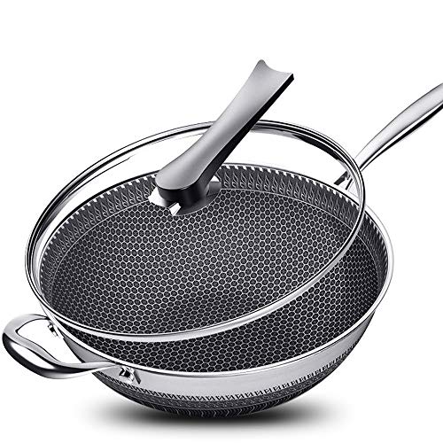 Gdrasuya10 Frying Wok Pan with Lid, Stainless Steel Non Stick Double Sided Honeycomb Cooking Frying Pan for GasStove