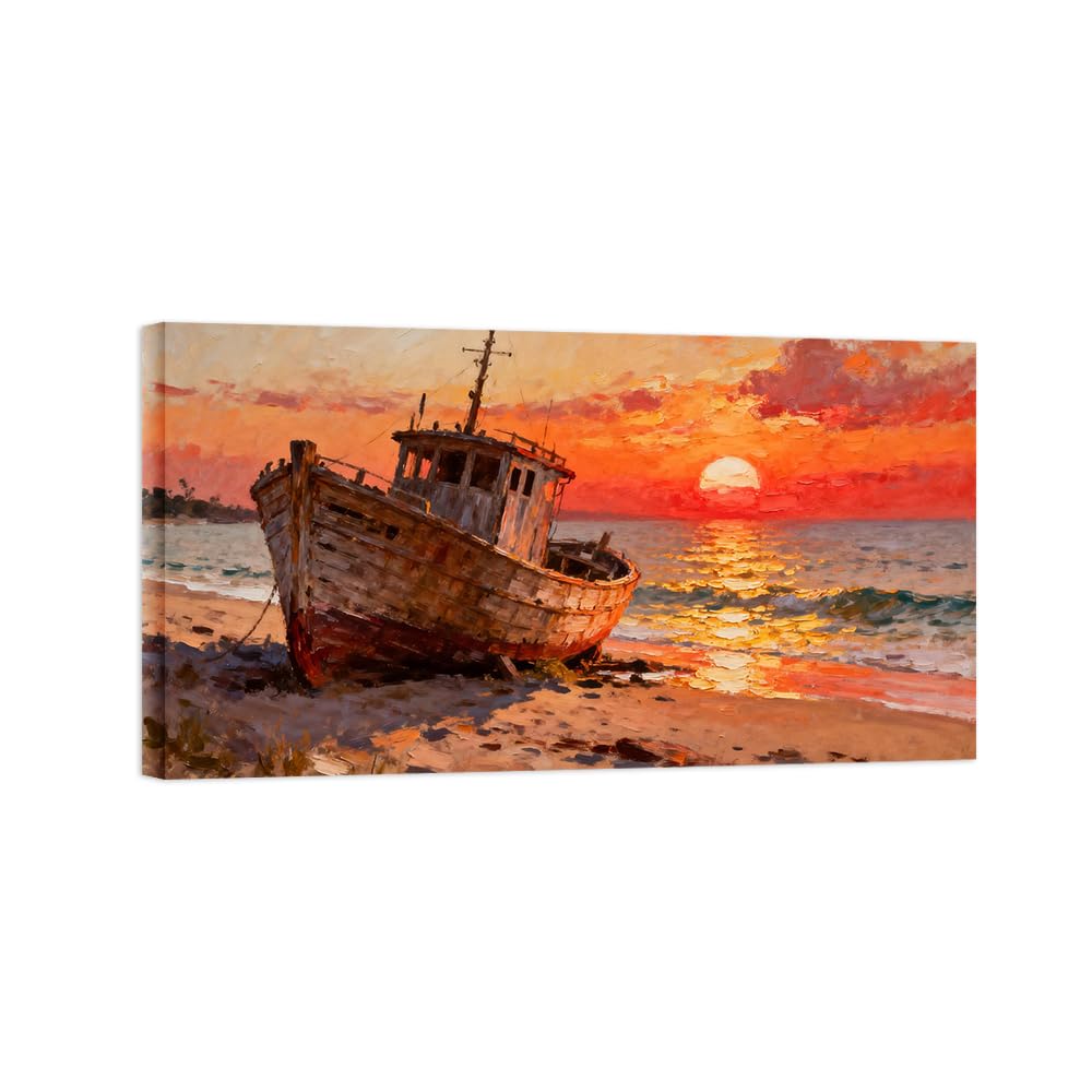 OZPWBVY Beach Boat Sunset Landscape Canvas Prints Ready to Hang 20x35cm Wrapped Canvas