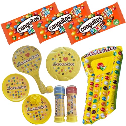 Pack vacaciones Lacasitos y Conguitos:3 party bolsa 70g,palas con ventosa y con pelota , pompero,frisbee y colchoneta