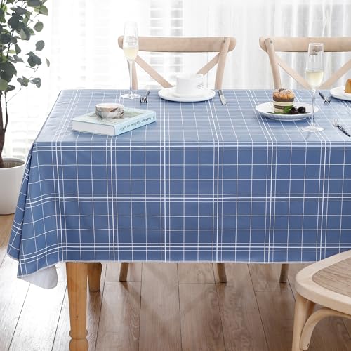Image of Heavy Duty Vinyl Tablecloth with Flannel Backing Waterproof Oil-Proof Plastic Table Cloth Stain-Resistant Wipeable Rectangle or Square Table Cover for Indoor and Outdoor (Blue Grid,60x102 Inch)