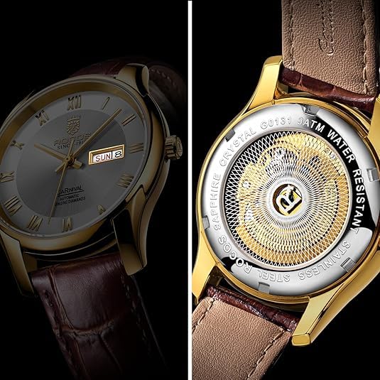 Image of ROCOSJEWE Men's Watch Fashion Automatic Watches for Men Men's Mechanical Watch Leather Strap Waterproof Calendar Week Gift RW0131, White, Business, Leisure, Fashion, Classic