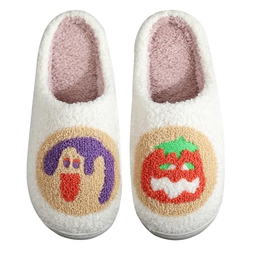 Halloween Pumpkin Slippers for Womens Mens Cute Cartoon Slippers Plush Warm Memory Foam Shoes