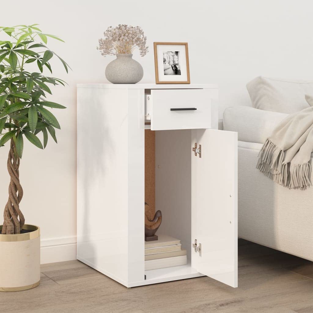 Armario de oficina blanco brillante 40 x 49 x 75 cm de material de madera con puerta y cajón para salón y estudio, pasillo, cocina, baño, espacio de almacenamiento versátil para orden y