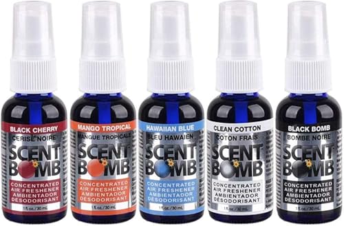 Air Freshener Scent Bomb 5 Pack Mango Tropical Clean Cotton Black Bomb Hawaiian Blue Black Cherry Long Lasting Scent (5 ALL 5 Scents)
