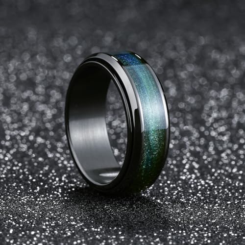 King Will Mens 8mm Stainless Steel Rings Anxiety Fidget Spinner Ring Black Plated Blue Green Galaxy Sand Inlay Beveled Edge Spinning Wedding Bands Comfort Fit Size 7-123