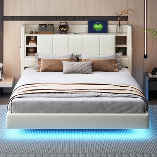 OKMYHOME Cama flotante tapizada de 160 x 200 cm para cama doble con iluminación LED y puertos USB, cabecero con almacenamiento, lino, beige, sin colchón