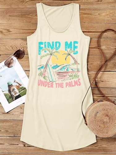 Image of MYHALF Summer Tank Dress for Women Sleeveless Beach Vacation Sundress Short Coconut Tree Sun Dress Casual Coverup