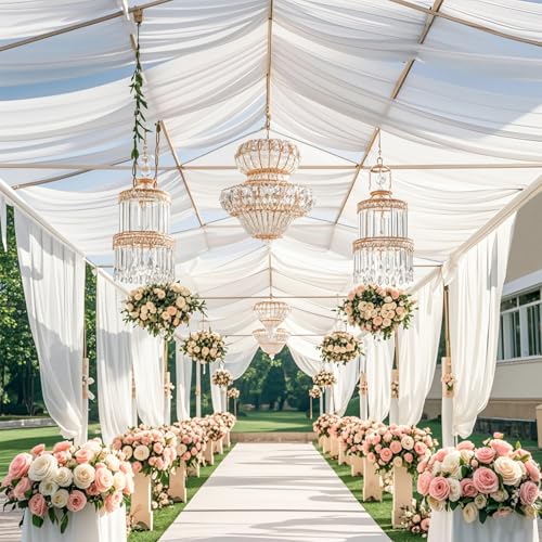 Image of FOTSHARER Ceiling Drapes for Weddings White Ceiling Drapes 5x20FT Wide 4 Panels Tulle Curtain Panels Ceiling Ceiling Fabric Draping Fabric for Bedroom Ceremony Chiffon Curtain Backdrop Decorations