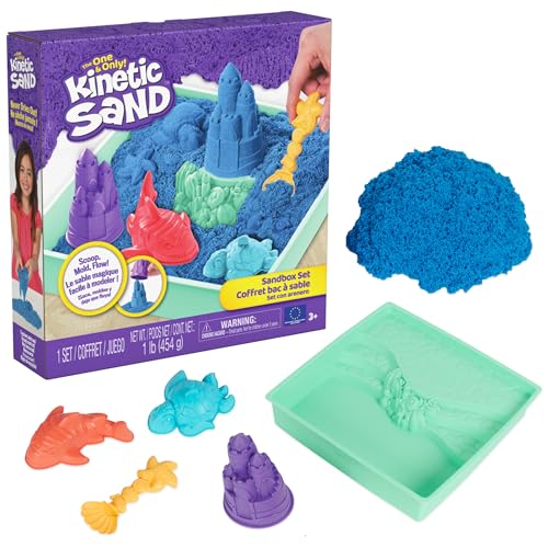 Kinetic Sand, Sandbox Set with 1lb Blue Play Sand, 4 Tools & Molds, Storage, Sensory Toys for Kids Ages 3 and up