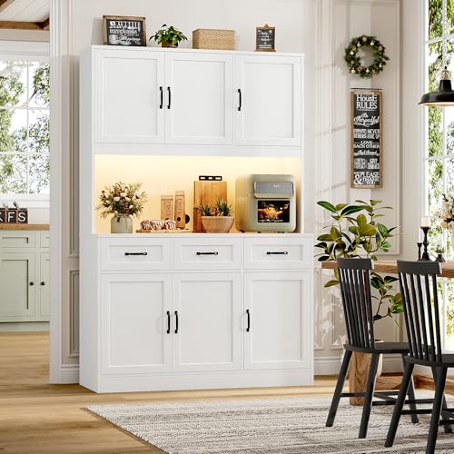 Image of HOSTACK 72 inch Tall Kitchen Pantry Cabinet with Charging Station | LED Lights, 47 inch W Kitchen Pantry Storage Cabinet with Countertop, Modern Kitchens Hutch Cabinets with Storage for Dining Room, White