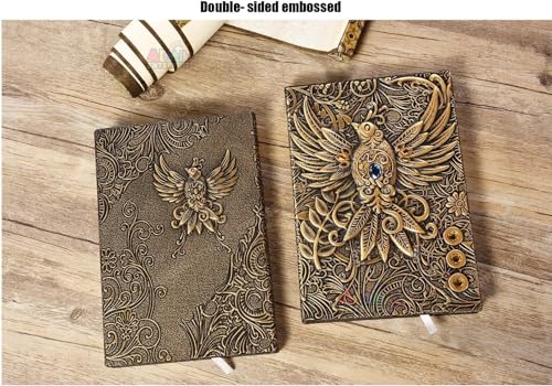 Image of MANAKI 3D Phoenix Bronze DND Vintage Leather Journal Writing Notebook with 200 Pages A5 Journal Diary,Antique Handmade Leather Diary,Travel Diary&Notebooks to Write in,Diary Gift for Men Women