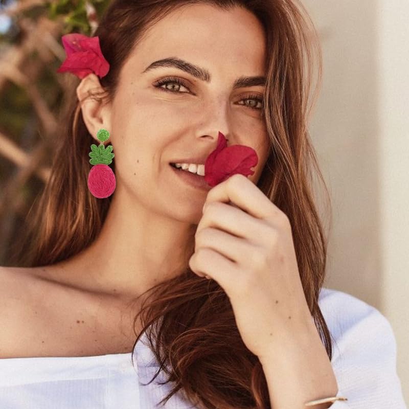 Boho Rattan Earrings for Women Handmade Hand-Woven Pineapple Earrings Funny Pineapple Fruit Dangle Earrings Summer Beach Jewelry Gifts - Image 3