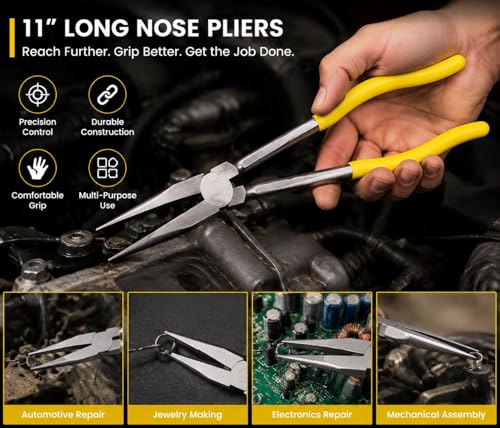 Image of 11 Inch(28cm) Long Reach Long Nose Pliers | Designed for Mechanics, Technicians, and Contractors | Work with Delicate or Difficult-to-Reach Pieces | Milled-Jaws | Steel inchNeedle Nose(Yellow)