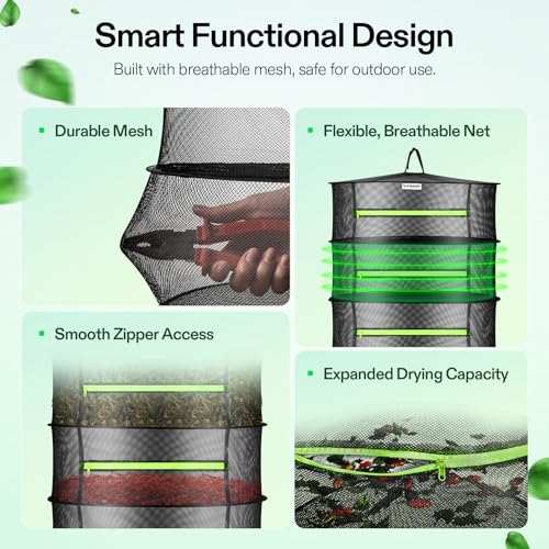 Image of VIVOSUN 4-Pack 4-Layer Mesh Drying Rack Hanging Design with Green Zippers for Dehydrating, Indoor and Outdoor (Pruning Shears Included)