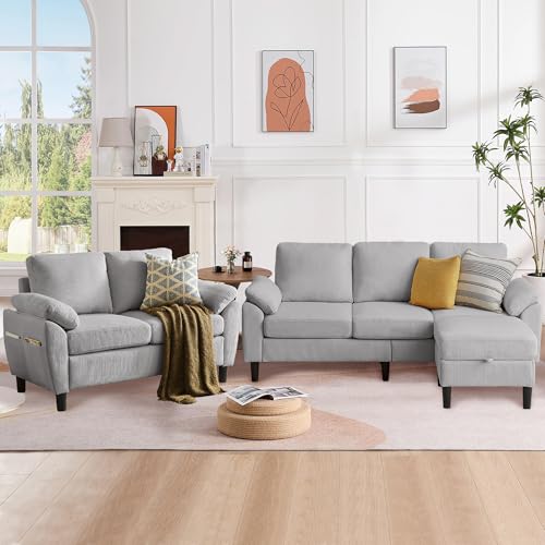 Image of 79.72 inch 3 Piece Corduroy Sofa Set with Storage Ottoman & Loveseat, L Shaped Sectional Couch with Side Pockets, Convertible Living Room Furniture Set for Small Space