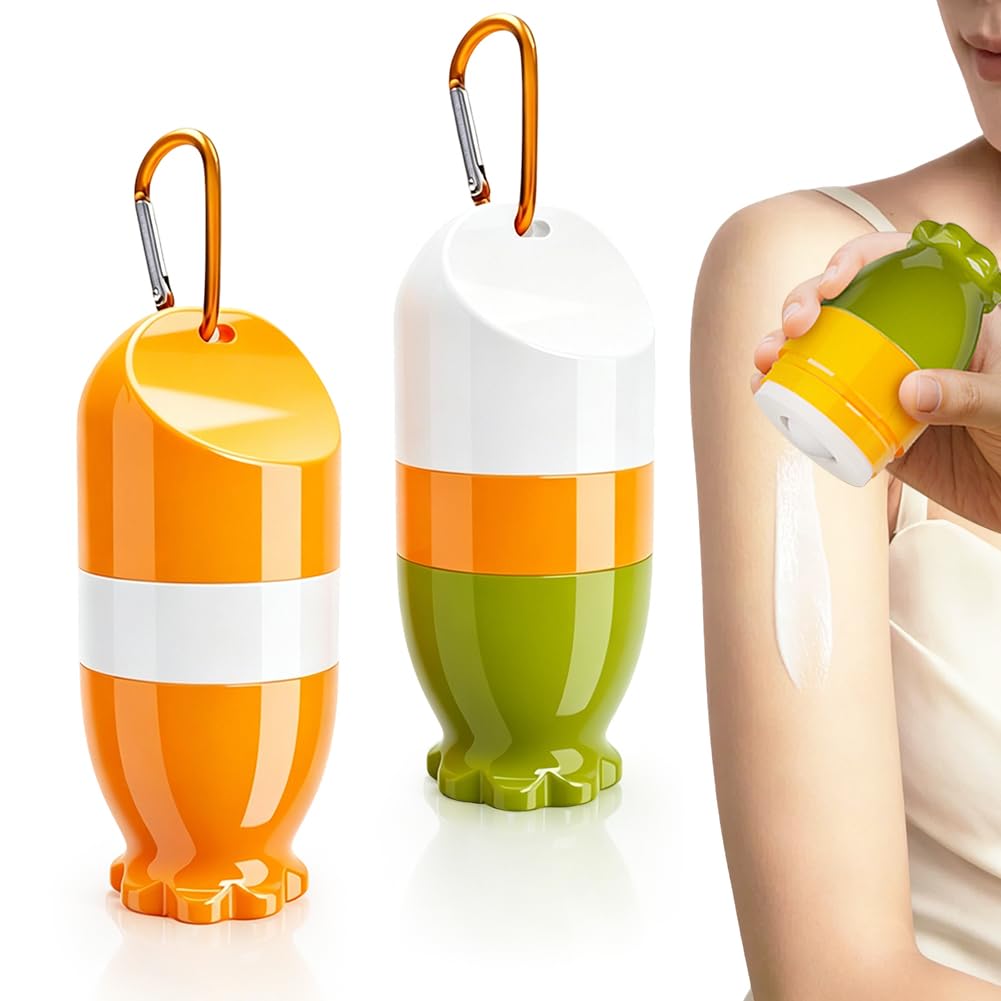 2 Pièces Applicateur de crème solaire, applicaterur creme solaire enfant 100ml, roll-on rechargeable et éponge, applicateur creme solaire portable avec crochet pour enfants, adultes et voyages