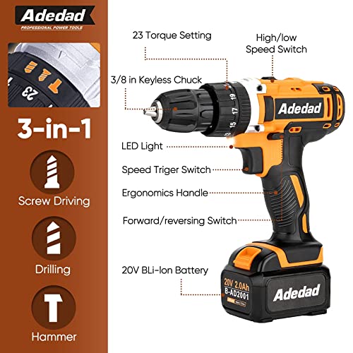 Adedad 20V Cordless Drill Set Electric Power Drill Kit With 2 Batteries And Charger,300 In-Lbs Torque, 3/8 Inch Keyless Chuck, 23+1 Position,2 Variable Speed, Led Light And 48Pcs Accessories #TOP2