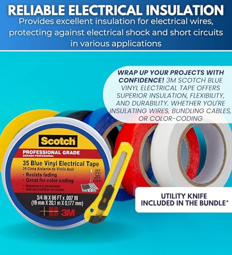 Image of Scotch 3 /4 in. W X 66 ft. L Blue Vinyl Electrical Tape Bundle with Utility Knife - Electrical Tape for Color Coding & Insulation - Indoor /Outdoor Use - (2 Items)