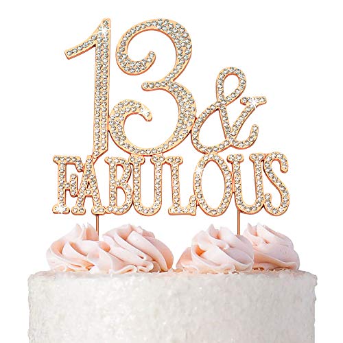 13 Cake Topper - Premium Rose Gold Metal - 13 & Fabulous - 13th Birthday Party Sparkly Rhinestone Decoration Makes a Great Centerpiece - Now Protected in a Box